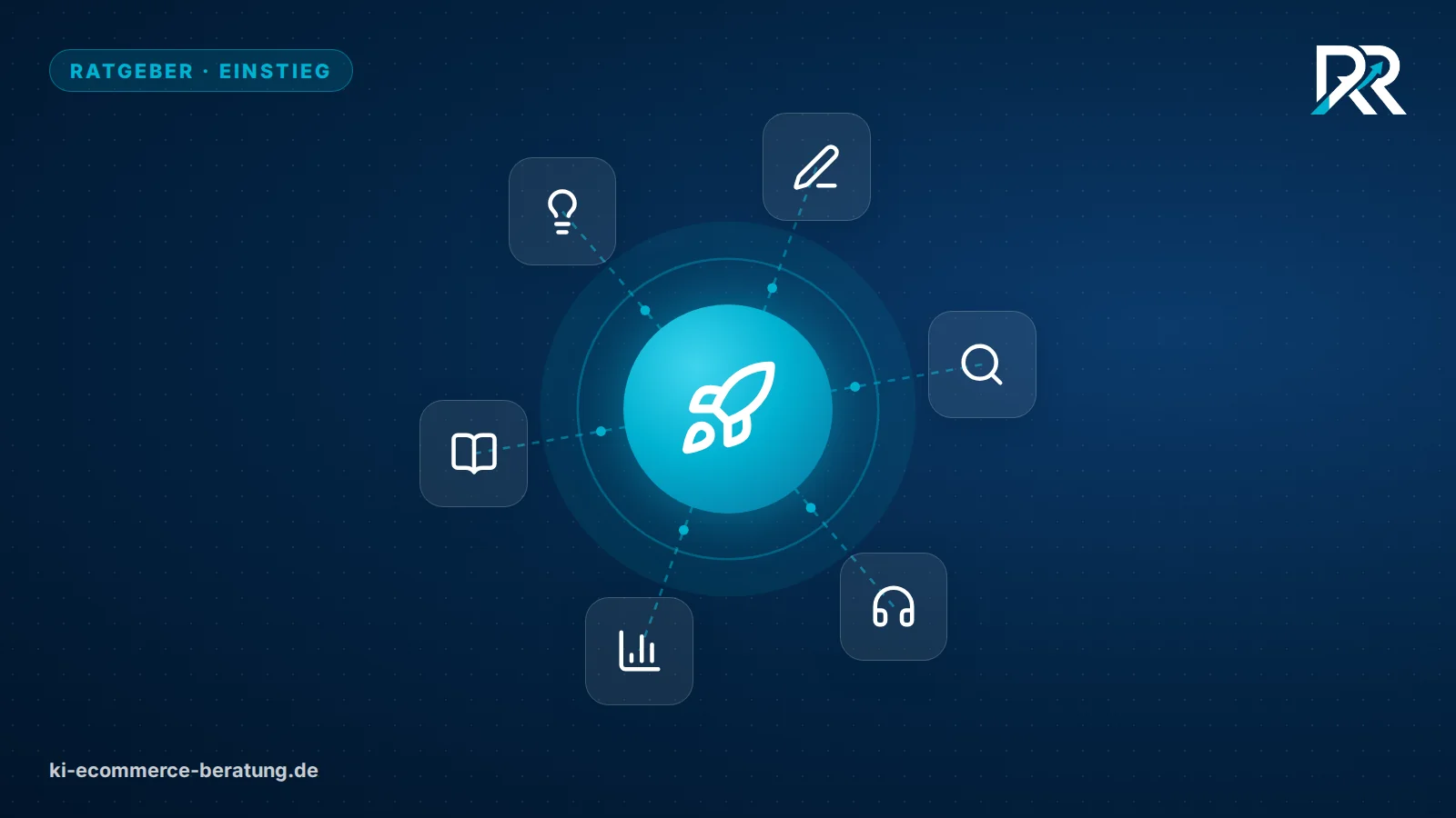 Symbolgrafik: Rakete in der Mitte, verbunden mit Text, Recherche, Kundenservice, Daten und Wissen