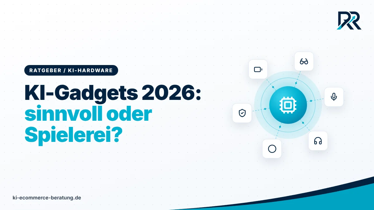 Symbolgrafik: Chip in der Mitte, verbunden mit KI-Brille, Mikrofon, Kopfhörer, Ring, Datenschutz und Akku