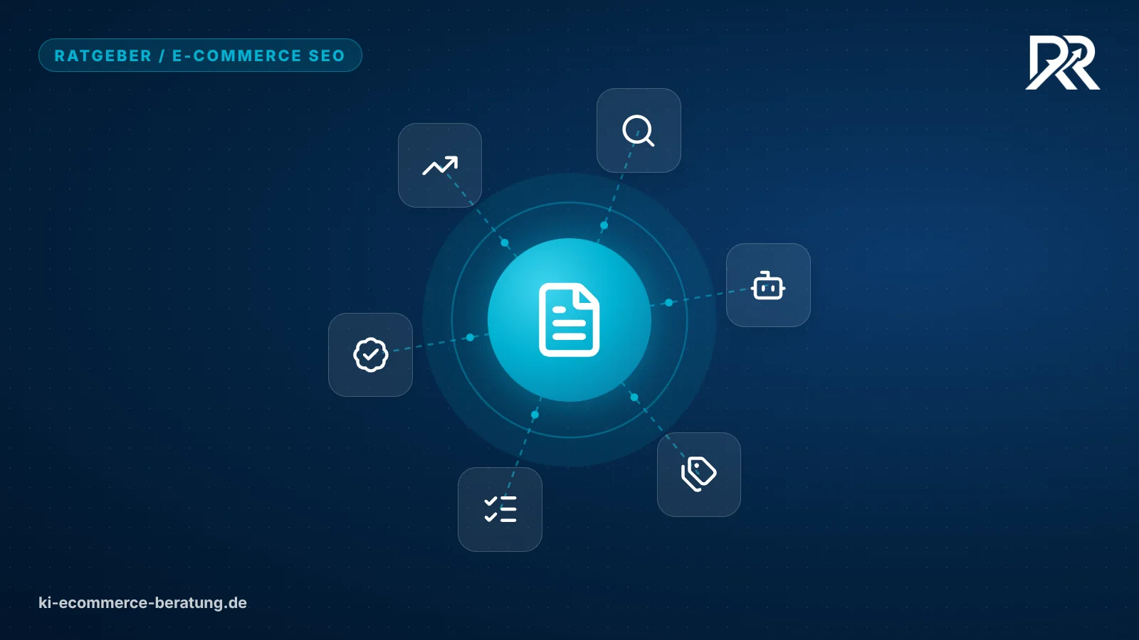 Symbolgrafik: Produkttext-Symbol in der Mitte, verbunden mit Suche, KI-Chat, Attributen, Struktur, Faktenprüfung und Wachstum