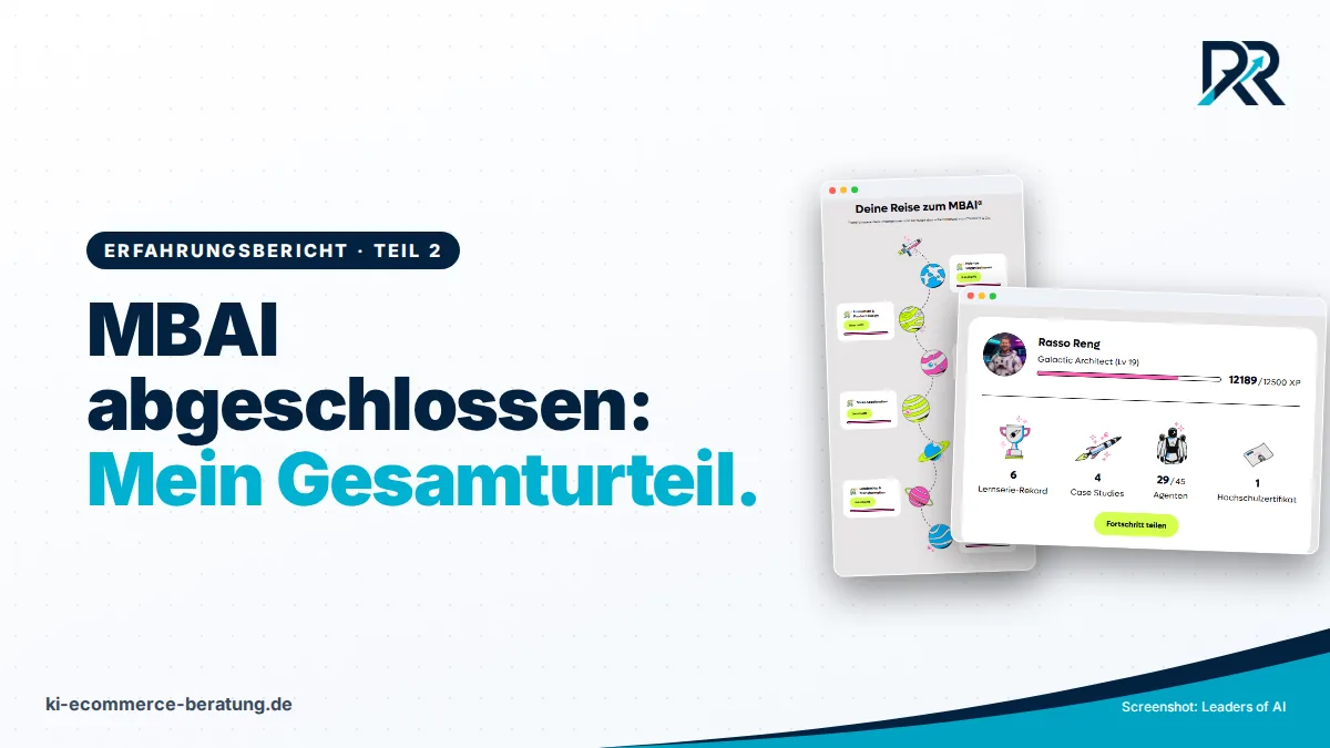 Screenshots aus der MBAI-Plattform: abgeschlossene Lernreise und Erfolgsübersicht mit Case Studies, 29 Agenten und Hochschulzertifikat