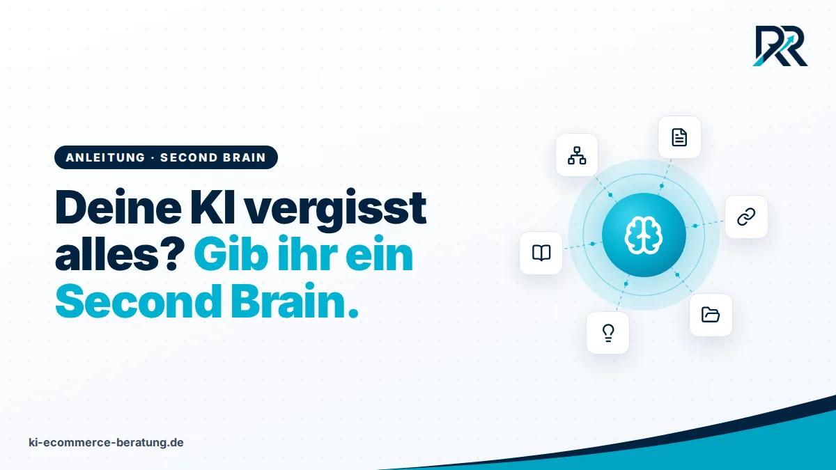 Icon-Netzwerk mit Gehirn in der Mitte, verbunden mit Notizen, Links, Ordnern und Wissen: Symbol für ein Second Brain für KI